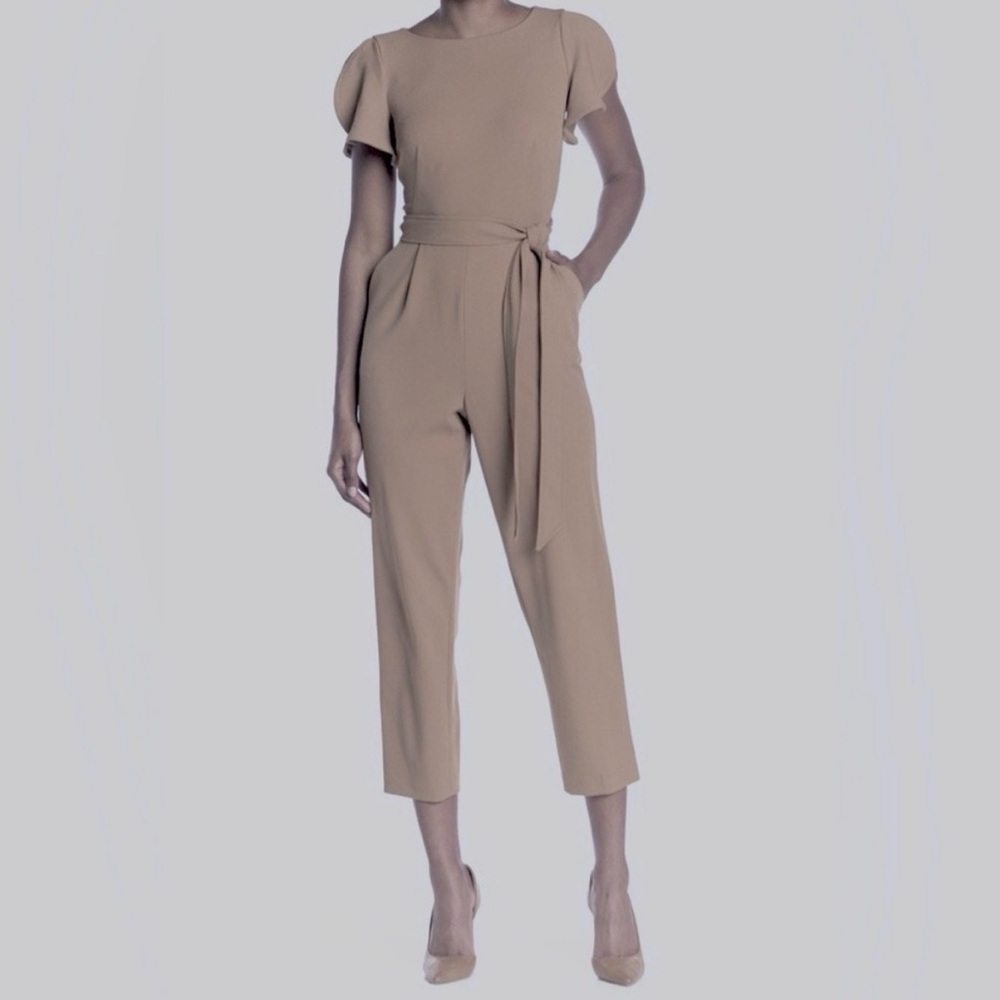Calvin Klein Taupe Short-Sleeve Waist-Tie Cropped Jumpsuit
